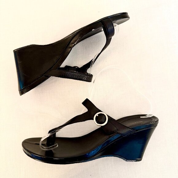 Style and Co Womens Sandals Size 8 half Elmara Black Leather Wedge Shoes - Picture 3 of 8